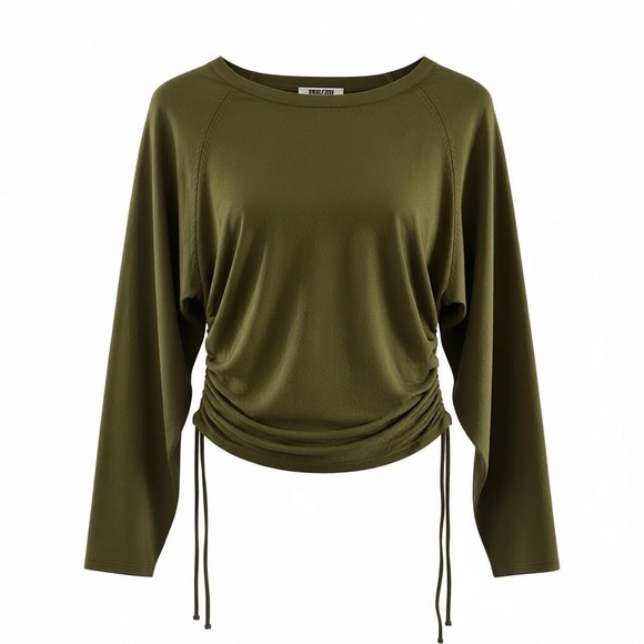 Double Zero Tops - Double Zero Womens Olive Long Sleeve Drawstring Top Size L